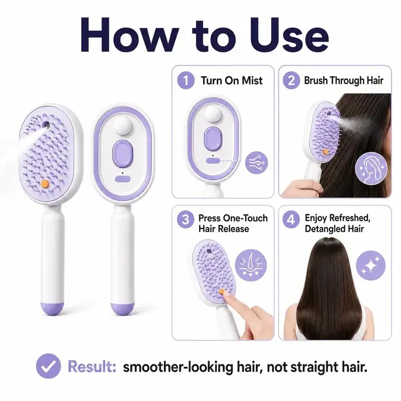 Illustrated guide showing how to mist, brush and release trapped hair