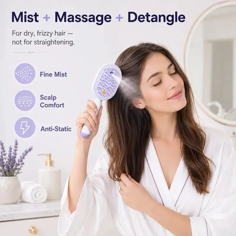 Woman using the comb's fine cool mist while brushing her hair